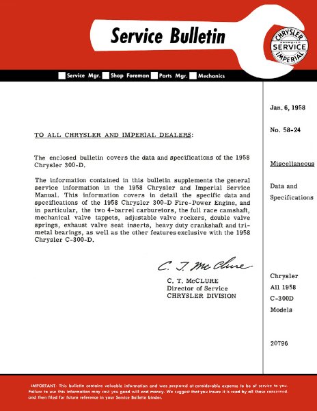 1958 Chrysler 300 Factory Shop Service Manual