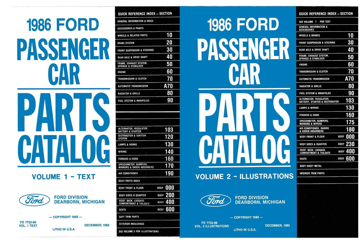1986 FORD Parts Book Numbers Book Interchange Illustrations