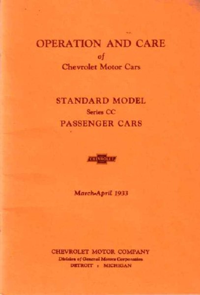 1933 Chevrolet Standard Model Series CC Owner's Manual