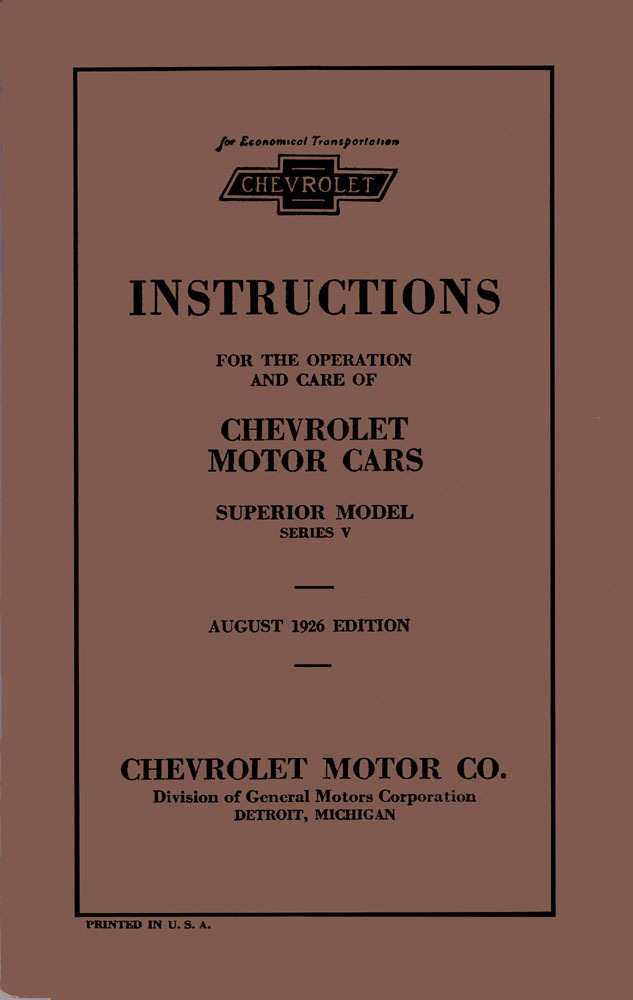 1926 Chevrolet Superior Series V Owners Manual User Guide Operator Book