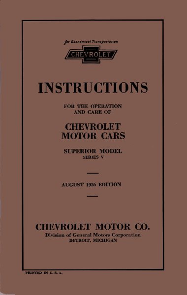 1926 Chevrolet Superior Series V Owner's Manual