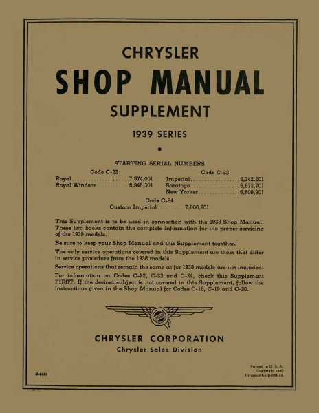 1939 Chrysler ALL MODELS SUPPLEMENT Factory Shop Service Manual