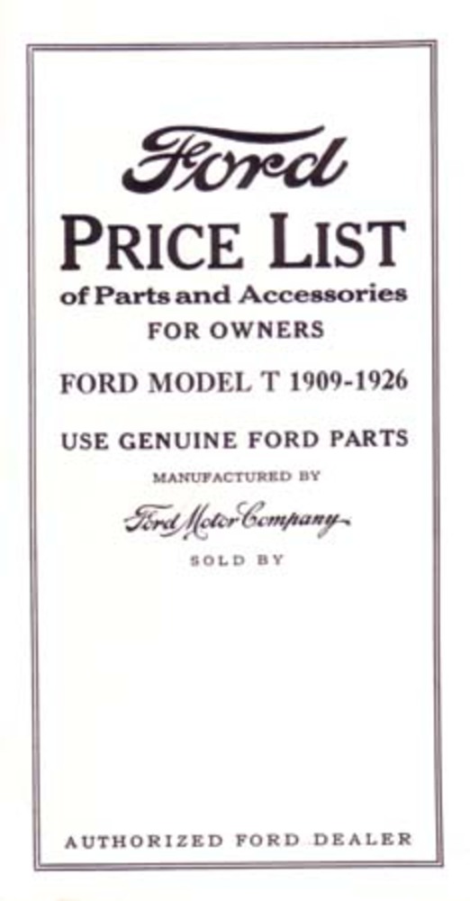 1909–1926 Ford INCLUDES PRICE LIST Parts Book