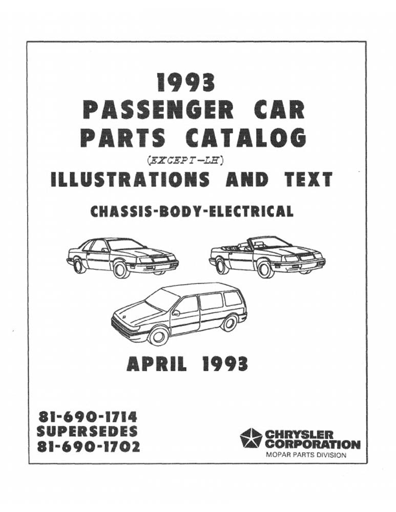 1993 Chrysler Dodge Plymouth Passenger Cars, AWD Truck Parts Book List Guide