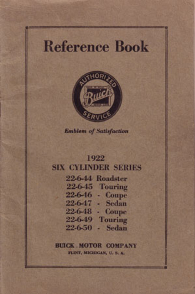 1922 Buick 6 Cylinder Reference Book Owners Manual User Guide Operator Book
