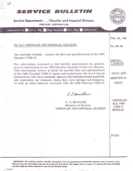 1960 Chrysler 300F Factory Shop Service Manual