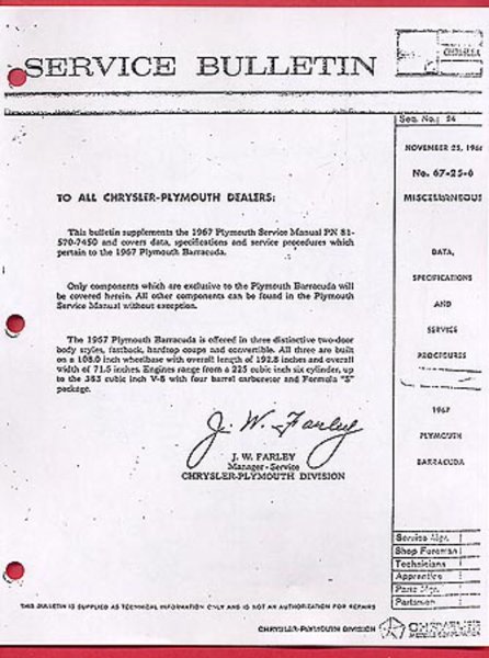 1967 Plymouth Barracuda Factory Shop Service Manual