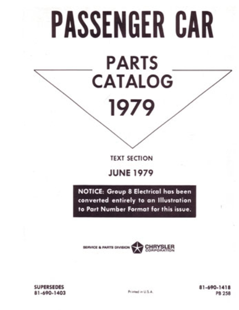1979 Mopar Chrysler Dodge Plymouth Parts Numbers Book List Guide Interchange