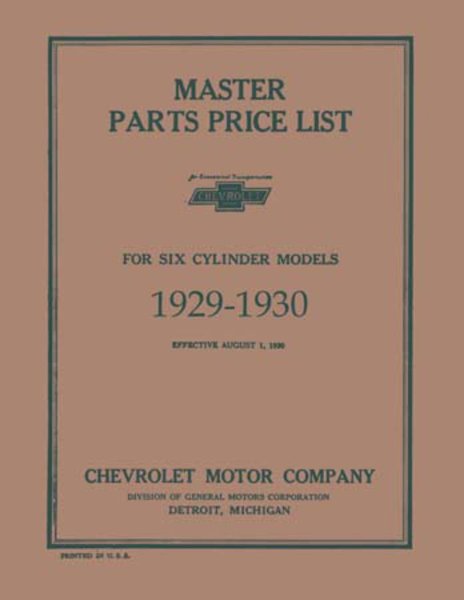 1929 1930 Chevrolet Six Parts Numbers Book List Guide Catalog Interchange