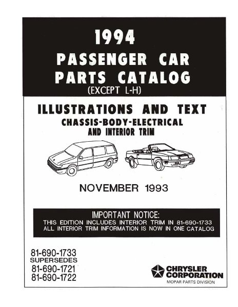 1994 MoPar CHRYSLER, DODGE, PLYMOUTH - NO LH Parts Book