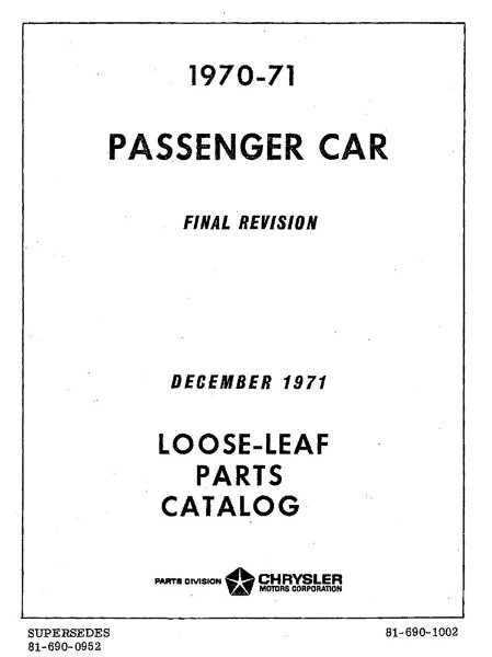 1970–1971 Mopar CHRYSLER, DODGE, PLYMOUTH, DESOTO Parts Book