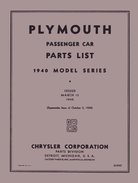 1940 Plymouth P10 Deluxe, P9 Roadking, PT-105 Parts Book