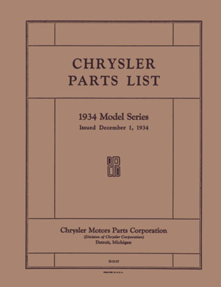 1934 Chrysler Part Numbers Book List Catalog Manual Interchange Drawings