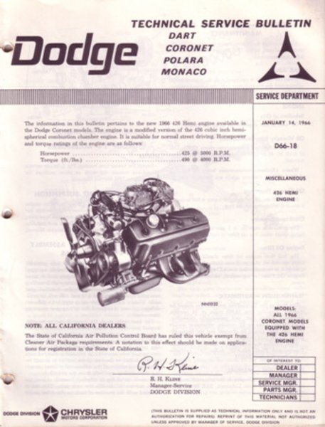 1966 Dodge Hemi Engine Factory Shop Service Manual