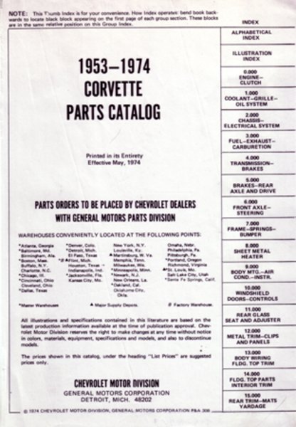 1953 1971 1972 1973 1974 Corvette Parts Numbers Book List Guide Interchange