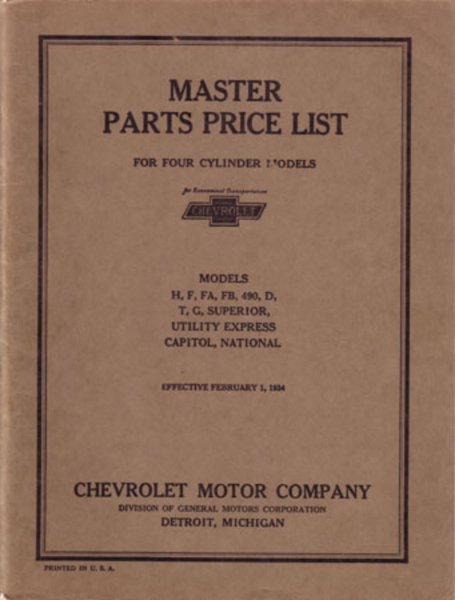 1916 1926 1927 1928 Chevrolet 4 Cyl Parts Numbers Book List Guide Interchange