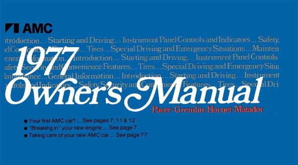 1977 AMC Pacer Gremlin Hornet Matador Owner's Manual