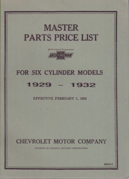 1929 1930 1931 1932 Chevrolet 6 Cyl Parts Numbers Book List Guide Interchange