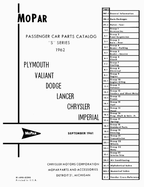 1962 Mopar CHRYSLER, DODGE, PLYMOUTH, DESOTO Parts Book