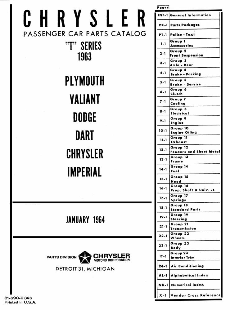 1963 Chrysler Plymouth Dodge Part Numbers Book Interchange Drawing Factory OEM