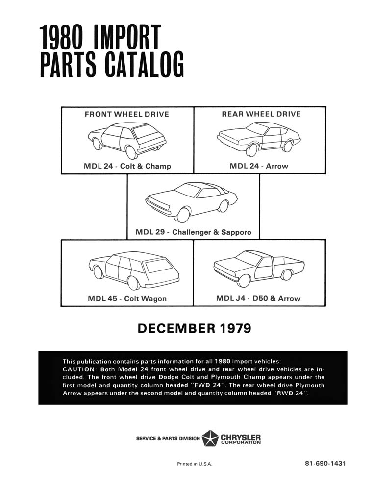 1980 Dodge Plymouth (Mitsubishi Imports) Part Numbers Book List Interchange