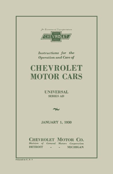 1930 Chevrolet Universal, Universal Truck Owner's Manual