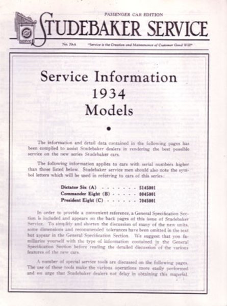 1934 Studebaker Commander, Dictator, Dictator Special, President Factory Shop Service Manual