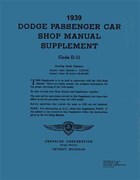 1939 Dodge Deluxe, Special, Truck Factory Shop Service Manual