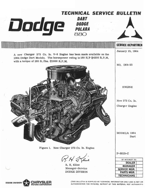 1964 Dodge Dart 273 Charger Engine Factory Shop Service Manual