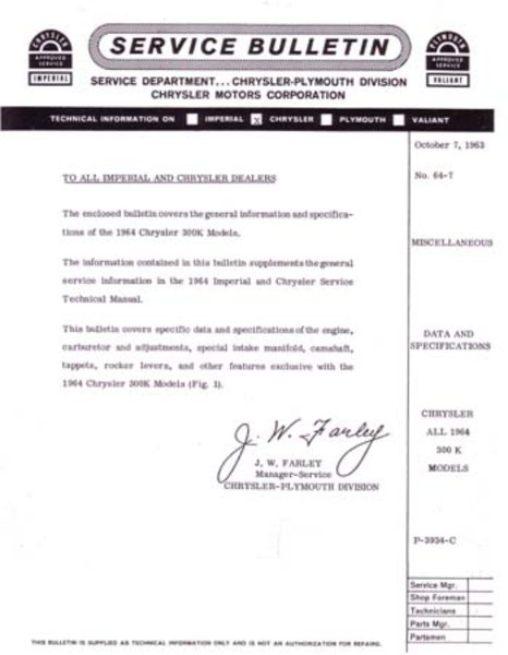 1964 Chrysler 300K Factory Shop Service Manual