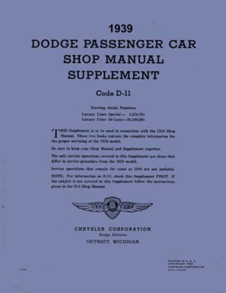 1939 Dodge Deluxe, Special, Truck Factory Shop Service Manual